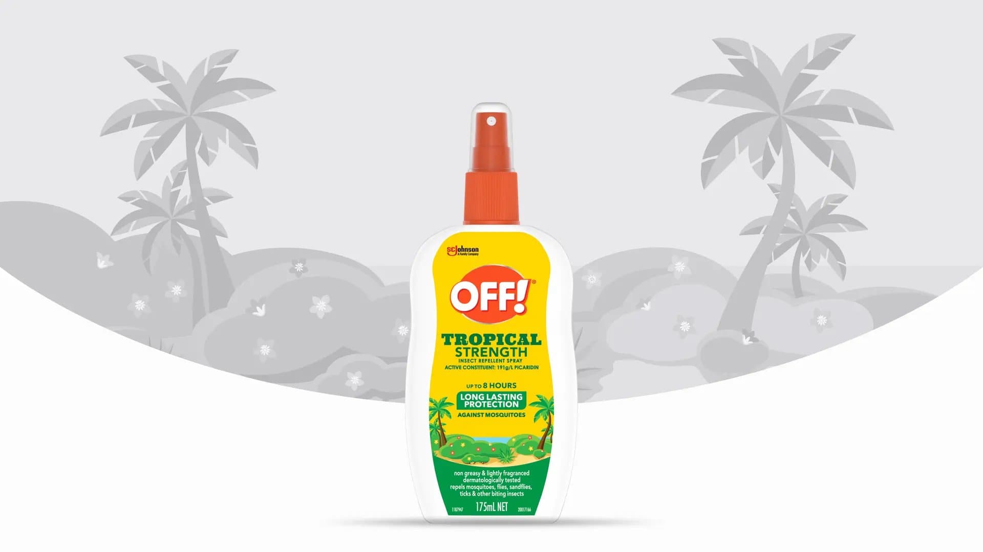 Front of an OFF!® Tropical Strength pump spray bottle